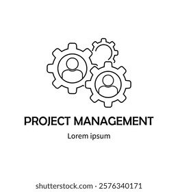 Team work line icon, vector pictogram of collaboration process. People in cog wheel, efficiency stroke sign for project management