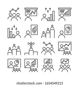 Team Work line icons set vector illustration. Business people, Cooperation, Collaboration, Team Meeting, Presentation, Mentoring, Career, Skill, Training. Pixel perfect. Editable Stroke.