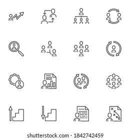 Conjunto de iconos de la línea de trabajo de equipo, colección de símbolos vectoriales de personas de negocios, paquete de pictogramas de estilo lineal. Ilustración del logotipo de los carteles. El conjunto incluye iconos como contratación de empleados, trabajo en equipo, investigación, informe