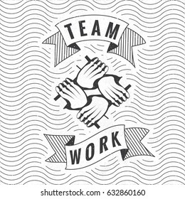 Team Work Logo Lettering with Four-Hand Seat Carry and Vintage Ribbons in Front of Wavy Lines - Pale Black Elements on White Rough Paper Background - Vector Retro Graphic Style