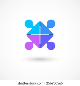 Team work logo template. Puzzle of four pieces/people.Concept of community friendship, unity. Isolated on white background. Vector illustration, eps 10.