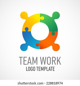 Team work logo template. Puzzled people sign.