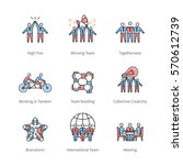 Team work, management, business concept symbols. Thin line art icons with flat colorful design elements. Modern linear style illustrations isolated on white.