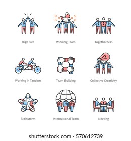 Team Work, Management, Business Concept Symbols. Thin Line Art Icons With Flat Colorful Design Elements. Modern Linear Style Illustrations Isolated On White.