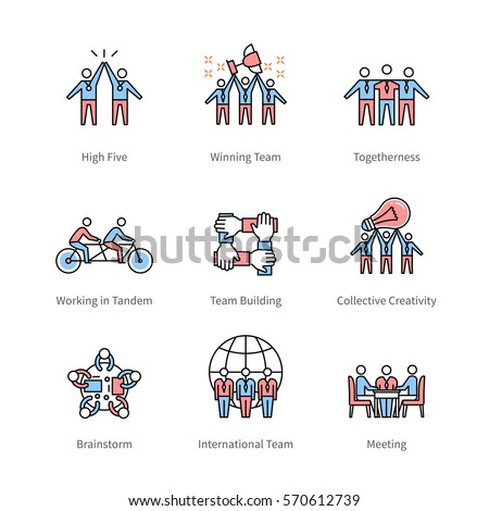 Team work, management, business concept symbols. Thin line art icons with flat colorful design elements. Modern linear style illustrations isolated on white.