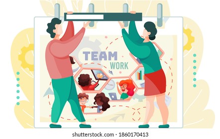 Team work, management concept. Business people man and woman talking, discussing presentation graph and chart. Business meeting, consideration of working issues. Office workers communicating