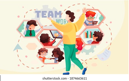 Team work, management concept with team leader chief with raised hands. Business people man and woman talking. Business meeting, consideration of working issues. Active office workers communicating