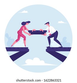 Team Work Metaphor. People Put Piece of Metal Construction for Making Bridge. Teamwork Cooperation. Male and Female Characters Partnership and Compromise in Business. Cartoon Flat Vector Illustration