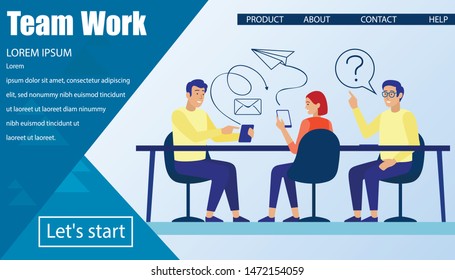 Team Work and Mobile App Design Flat Landing Page. Cartoon Man and Woman Coworkers Characters Working on Phone, Chatting, Sending Mails, Messaging. Vector Corporate Social Network Illustration