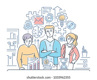 Team work - modern color line design style illustration on white background. A group of people thinking over a project in details. Brainstorm concept. High quality image for a banner, presentation