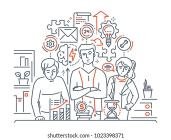 Team work - modern line design style illustration on white background. A group of people thinking over a project in details. Brainstorm concept. High quality image for a banner, presentation