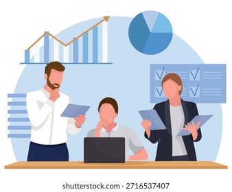 Trabalho em equipe no escritório moderno com notebooks e apresentação como gráficos de negócios azuis em ascensão mostram a estratégia de colaboração e o sucesso compartilhado