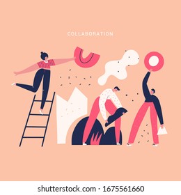 Team work and mutual help vector illustration. Partners, colleagues, people with geometric shapes doodle drawing. Collaboration concept. Coworkers, managers isolated flat characters