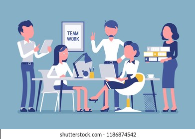 Team work in the office. Group of business people working together to get a common goal, brainstorming, effective and efficient management. Vector illustration with faceless characters