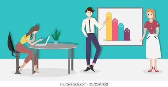 Team work in office.People communication. Presentation. Business character theme. Brainstorming. Business meeting.Co working people. Male and female working. Positive people discussion.Work in company