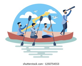 Team work on boat. Business success metaphor in minimalistic flat style. Cartoon vector illustration