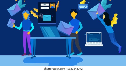 Team work on a new project. Postal service. Vector illustration in a flat isometric style