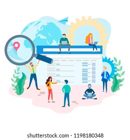 Team work on site optimization. Targeted advertising, Internet marketing, local search. Vector illustration for web design, infographics, presentations, advertising posters and social media blogs.