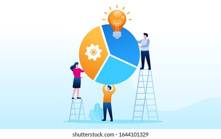 Trabajo en equipo al iniciar. Ilustración plana vectorial plana de la página de inicio de desarrollo de Ideas 