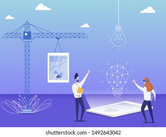 Team Work on Virtual Creative Idea Construction. Man and Woman Coworkers in VR Glasses Flat Creating Cartoon Metaphor Light Bulb Using Data on Digital Gadgets and Building Crane. Vector Illustration