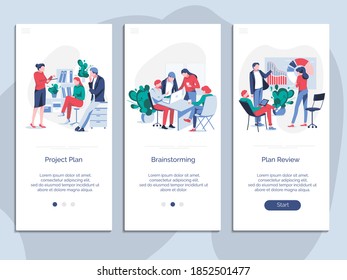 Team work onboarding mobile app page screen set. Project, brainstorming, plan review. Team building, teamwork, cooperation or partnership concept flat vector illustration
