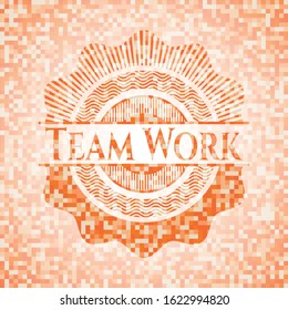 Team Work orange tile background illustration. Square geometric mosaic seamless pattern with emblem inside.