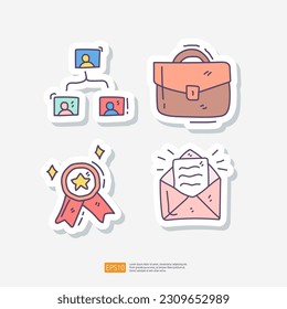 team work organization, business bag, champion badge label ribbon and email. job and employe doodle sticker icon set vector illustration