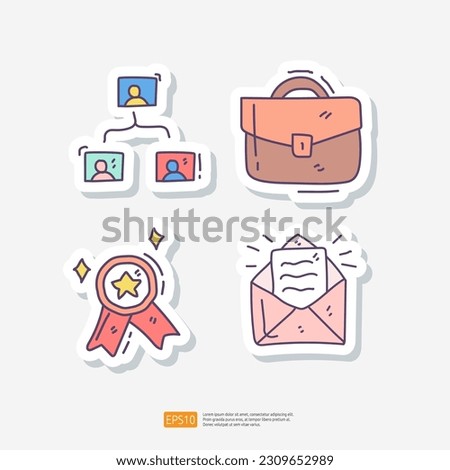 team work organization, business bag, champion badge label ribbon and email. job and employe doodle sticker icon set vector illustration