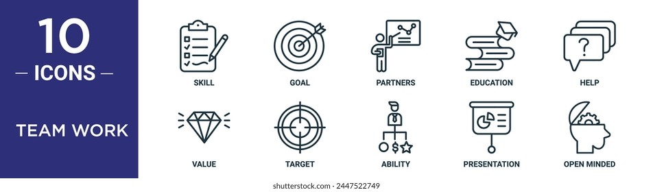 el conjunto de iconos de esquema de trabajo del equipo incluye habilidad de línea fina, objetivo, socios, educación, ayuda, valor, iconos de objetivo para informe, presentación, diagrama, Diseño web
