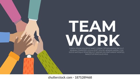 Team Work. People community integration concept with raised human hands. Vector Illustration.