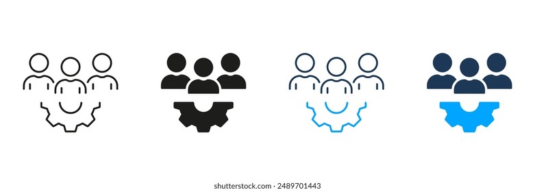 Team Work, People with Gear Line and Silhouette Icon Set. Manager Sign with Cog Wheel. Workforce Pictogram. Teamwork, Leader, Project Management Symbol. Editable Stroke. Isolated Vector Illustration.