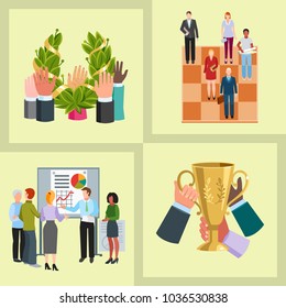 Team work people management business concept symbols flat colorful design characters vector illustration elements