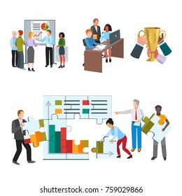 Team work people management business concept symbols flat colorful design characters vector illustration elements. Modern style togetherness cooperation team group.