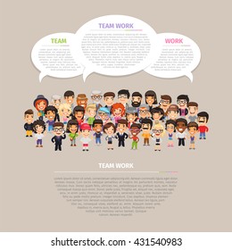 Team work poster with big group of casually dressed flat cartoon people. Clipping paths included.