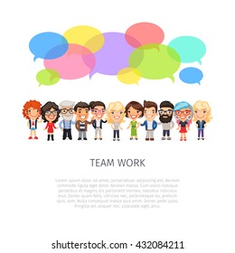 Team work poster with big group of casually dressed flat cartoon people and colorful speech bubbles. Isolated on white background. Clipping paths included.