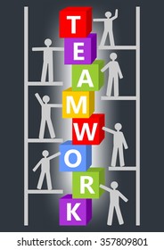 Team work presentation slide with inscription on colorful cubes and people figures on scaffolding or ladder. Image resembling a construction kit, graphic supplement to training