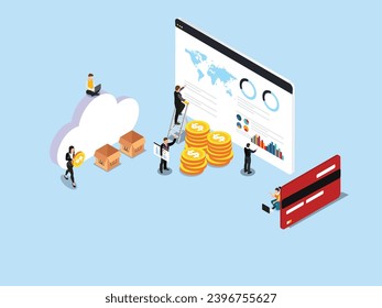 Proceso de trabajo en equipo. Reunión de trabajo en equipo de administración de empresas y concepto de vector isométrico 3d de lluvia de ideas