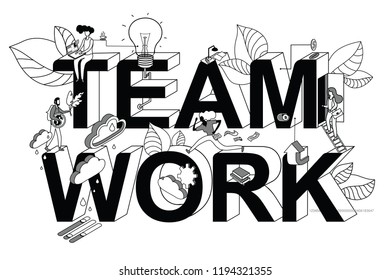 Team work process concept illustration. Team working concept. A composition with cute characters, office workers. Vector illustration.