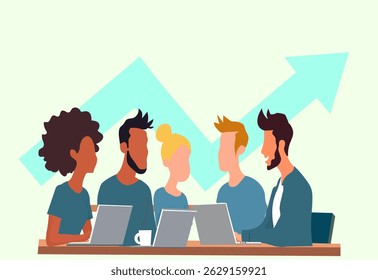 Team work process concept illustration. Vector flat design illustration on group of businessmen meeting, marketing research