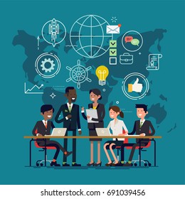 Team work process concept illustration. Vector flat design illustration on group of businessmen meeting on global planning and marketing research