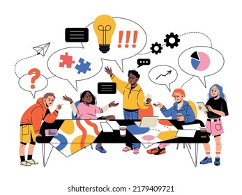 Team work process. Creative youth group coworking, office people characters, joint brainstorming, bright color clothes, happy workers, ideas presentation and discussion, tidy vector concept