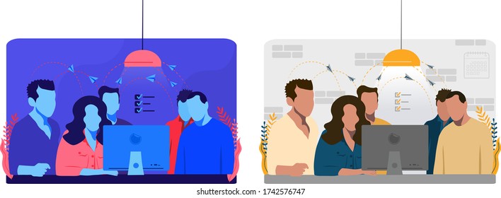 Team work process.Business brainstorming concept with young people using computer. People thinking flat vector illustration.