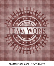 Team Work red badge with geometric pattern background. Seamless.