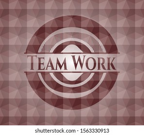 Team Work red emblem or badge with abstract geometric polygonal pattern background. Seamless.