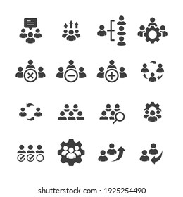 Team Work Related Vector Icons Set. Team Setup, Group Performance, Organization Structure, Add Staff, Delete, Collaboration, Job Search, Teamwork Management, Connection and Cooperation Icons