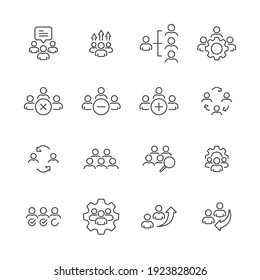 Team Work Related Vector Line Icons Set. Team Setup, Group Performance, Organization Structure, Add Staff, Delete, Collaboration, Job Search, Teamwork Management, Connection and Cooperation Icons