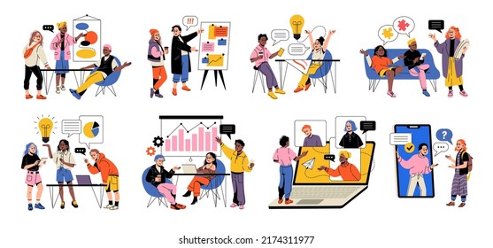 Team Work Scenes. Creative People, Talented Youth At Work, Bright Funny Guys And Girls In Office, Joint Brainstorm, Communication And Collaboration, Tidy Vector Cartoon Flat Style Set