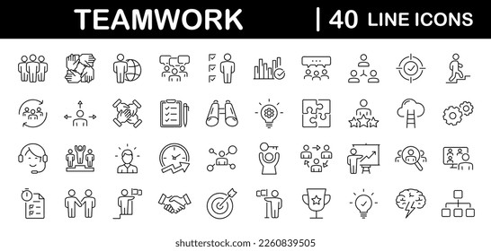 Team work set of web icons in line style. Teamwork and business cooperation icons for web and mobile app. Partnership, synergy, interaction, management, collaboration, meeting, workplace and more.