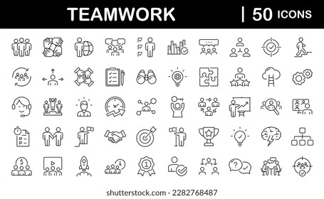 Team-Workset von Web-Icons in Linie Stil. Symbole für Teamwork und Unternehmenszusammenarbeit für Web- und Mobile-App. Partnerschaft, Synergie, Interaktion, Management, Zusammenarbeit, Treffen, Arbeitsplatz und mehr.