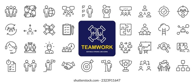 Team work set of web icons in line style. Teamwork and business cooperation icons for web and mobile app. Partnership, synergy, interaction, management, collaboration, meeting, workplace and more.